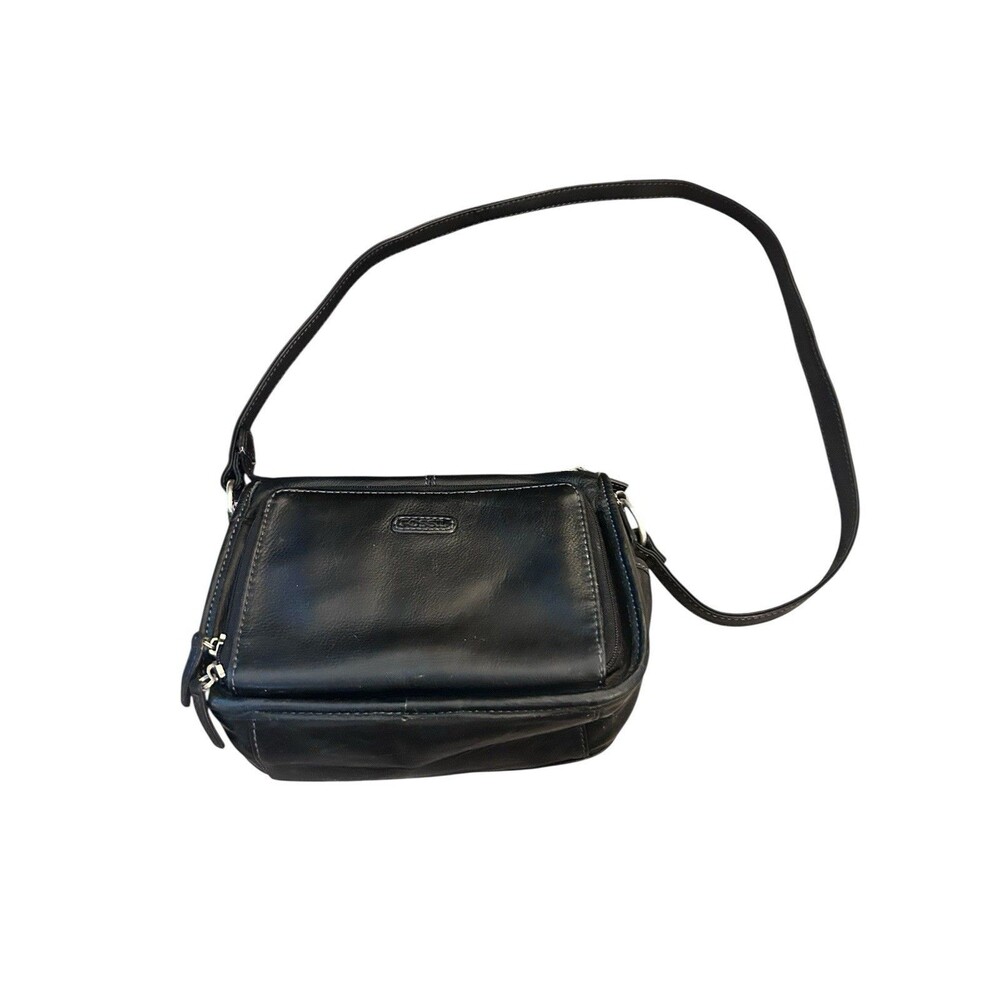 Vtg Fossil Traveler Crossbody Purse Leather Handbag Organizer Black Snap Zipper